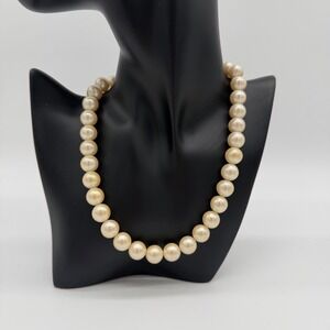 Vintage Monet Faux Pearl Necklace Cream Beads Gold Tone Clasp Signed